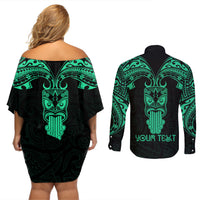 Personalised New Zealand Te Reo Maori Couples Matching Off Shoulder Short Dress and Long Sleeve Button Shirts Kia Kaha Maori Language Week Green Style LT9 - Wonder Print Shop