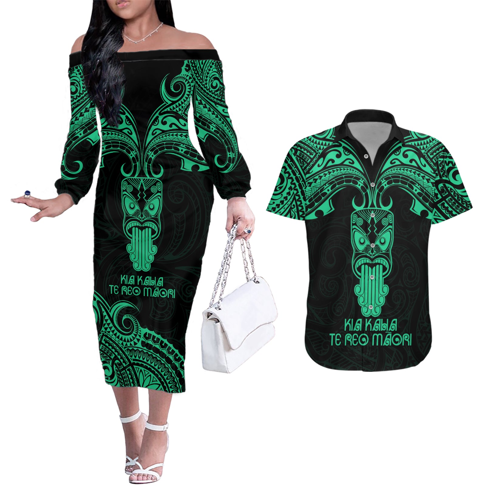 Personalised New Zealand Te Reo Maori Couples Matching Off The Shoulder Long Sleeve Dress and Hawaiian Shirt Kia Kaha Maori Language Week Green Style LT9 - Wonder Print Shop