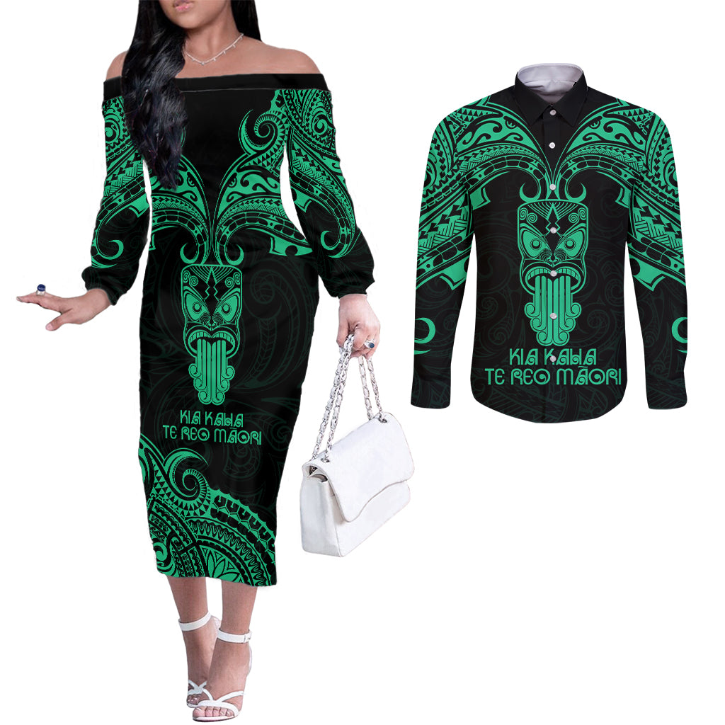 Personalised New Zealand Te Reo Maori Couples Matching Off The Shoulder Long Sleeve Dress and Long Sleeve Button Shirts Kia Kaha Maori Language Week Green Style LT9