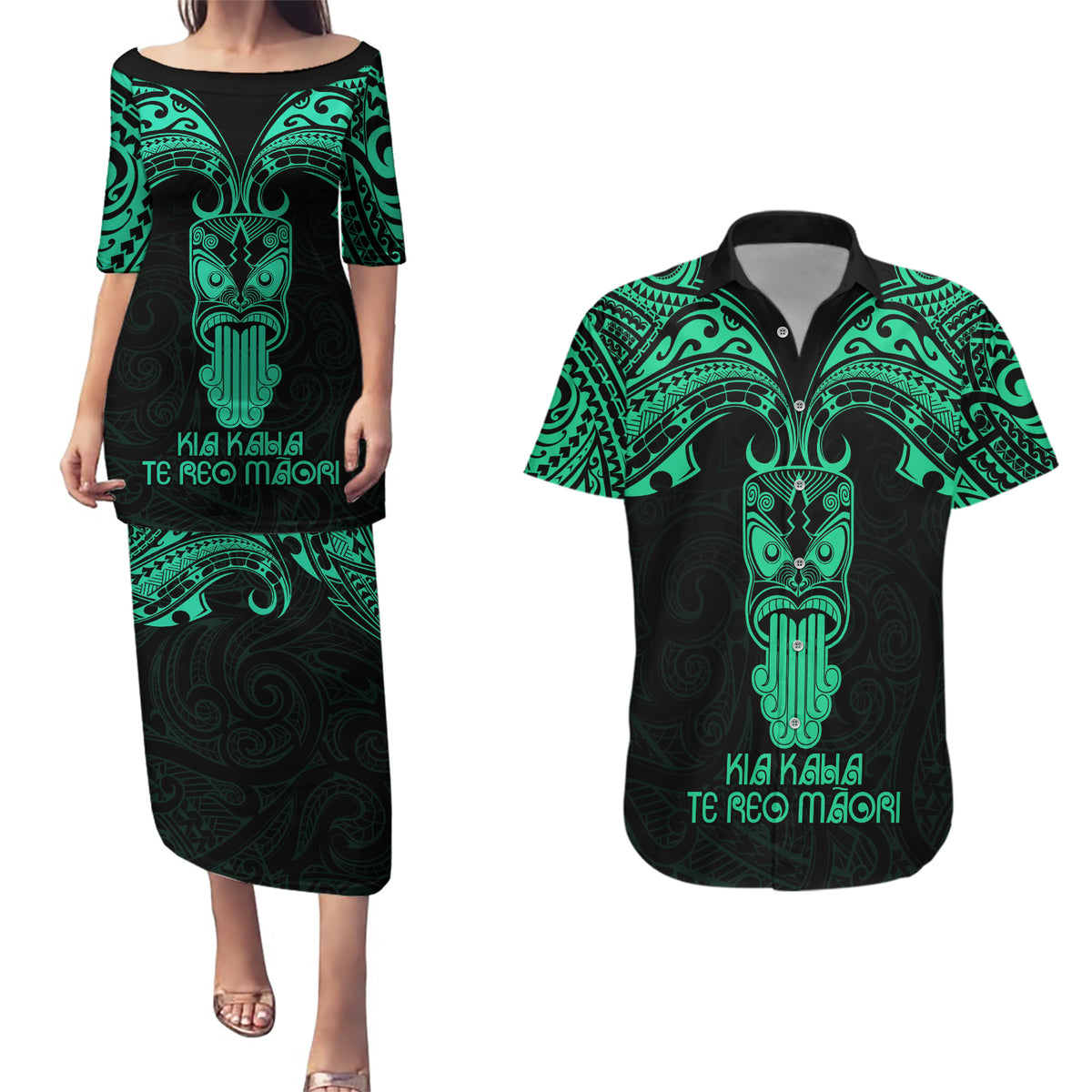 Personalised New Zealand Te Reo Maori Couples Matching Puletasi Dress and Hawaiian Shirt Kia Kaha Maori Language Week Green Style LT9 - Wonder Print Shop