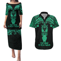 Personalised New Zealand Te Reo Maori Couples Matching Puletasi Dress and Hawaiian Shirt Kia Kaha Maori Language Week Green Style LT9 - Wonder Print Shop