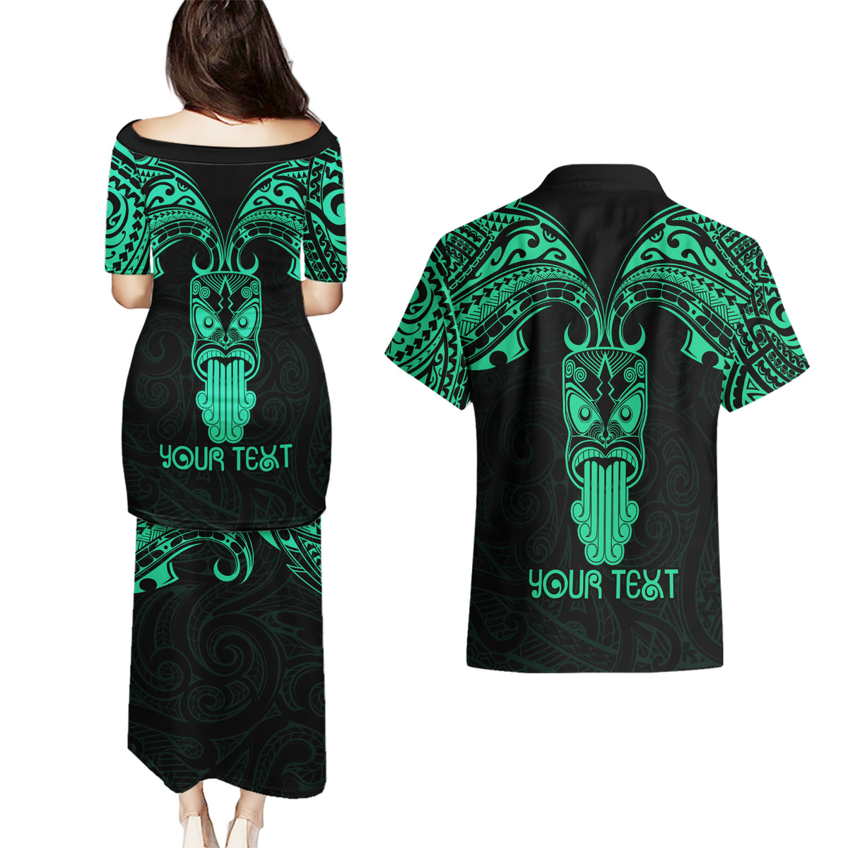 Personalised New Zealand Te Reo Maori Couples Matching Puletasi Dress and Hawaiian Shirt Kia Kaha Maori Language Week Green Style LT9 - Wonder Print Shop