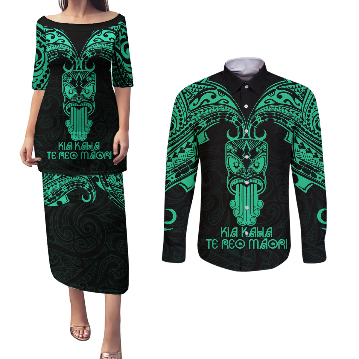 Personalised New Zealand Te Reo Maori Couples Matching Puletasi Dress and Long Sleeve Button Shirts Kia Kaha Maori Language Week Green Style LT9 - Wonder Print Shop