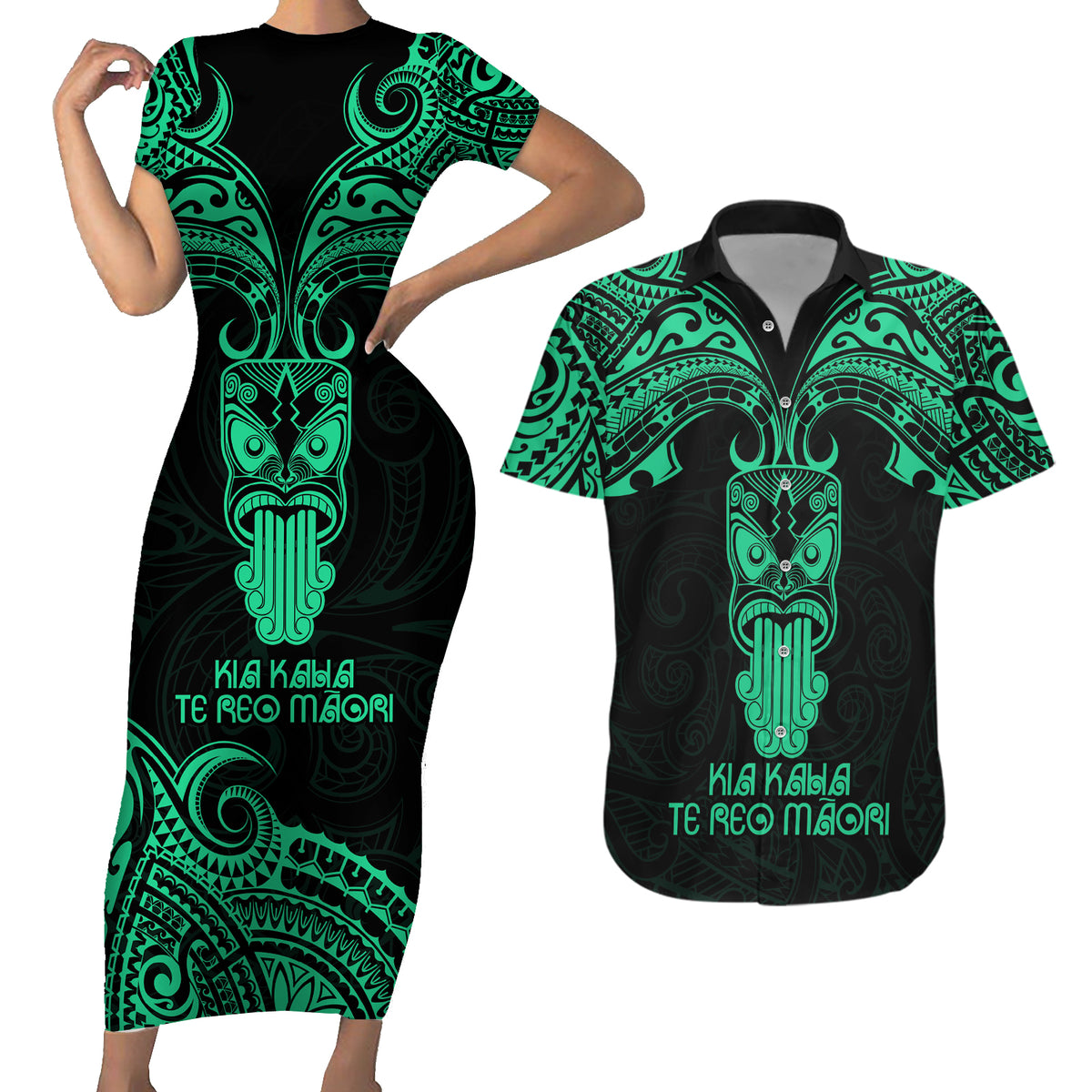Personalised New Zealand Te Reo Maori Couples Matching Short Sleeve Bodycon Dress and Hawaiian Shirt Kia Kaha Maori Language Week Green Style LT9 - Wonder Print Shop