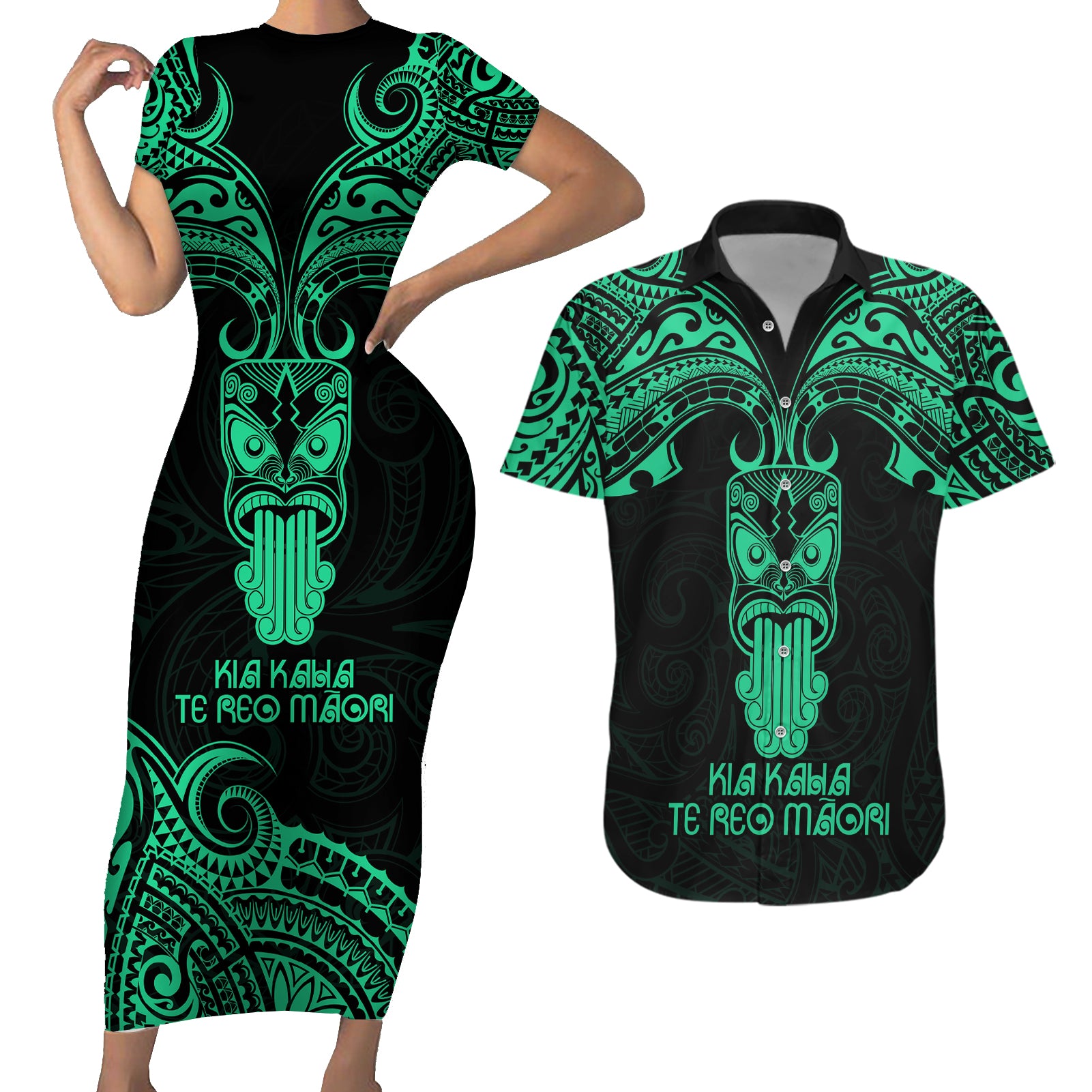 Personalised New Zealand Te Reo Maori Couples Matching Short Sleeve Bodycon Dress and Hawaiian Shirt Kia Kaha Maori Language Week Green Style LT9 - Wonder Print Shop