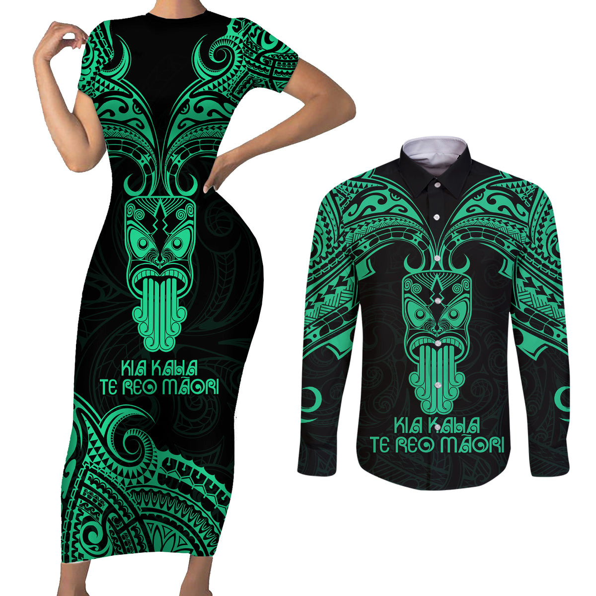 Personalised New Zealand Te Reo Maori Couples Matching Short Sleeve Bodycon Dress and Long Sleeve Button Shirts Kia Kaha Maori Language Week Green Style LT9 - Wonder Print Shop