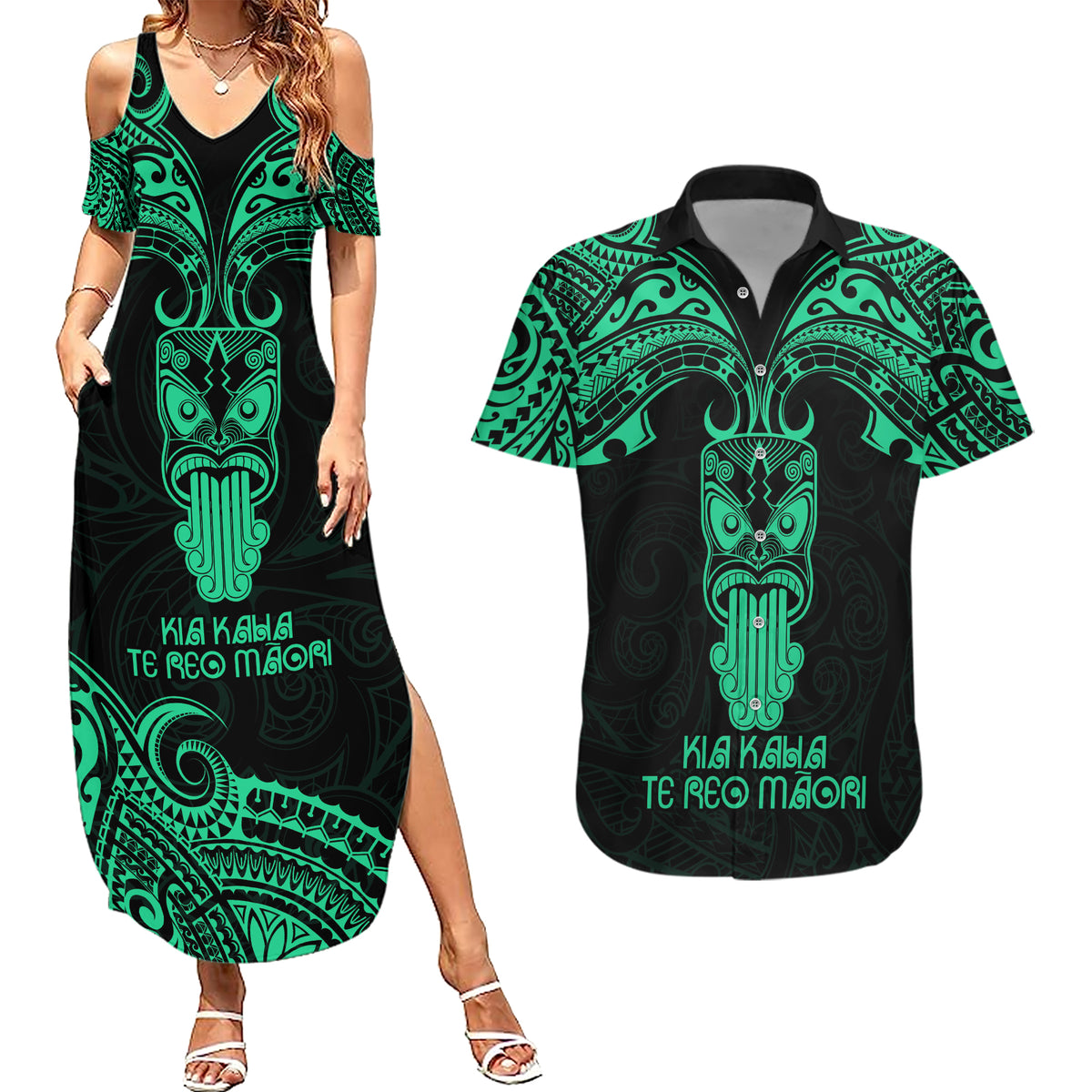 Personalised New Zealand Te Reo Maori Couples Matching Summer Maxi Dress and Hawaiian Shirt Kia Kaha Maori Language Week Green Style LT9 - Wonder Print Shop