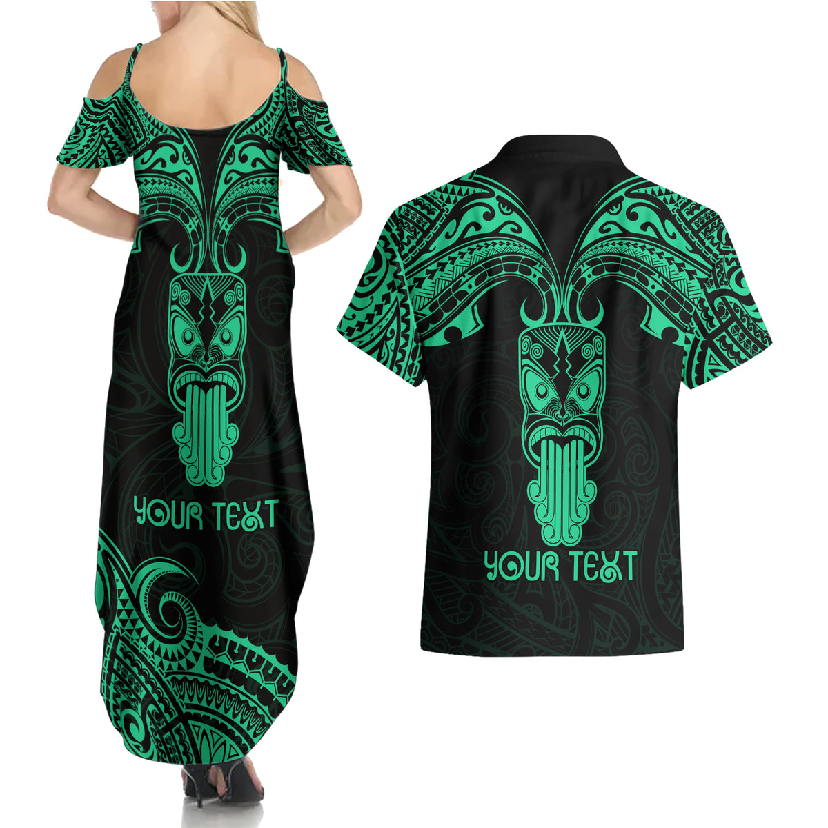 Personalised New Zealand Te Reo Maori Couples Matching Summer Maxi Dress and Hawaiian Shirt Kia Kaha Maori Language Week Green Style LT9 - Wonder Print Shop