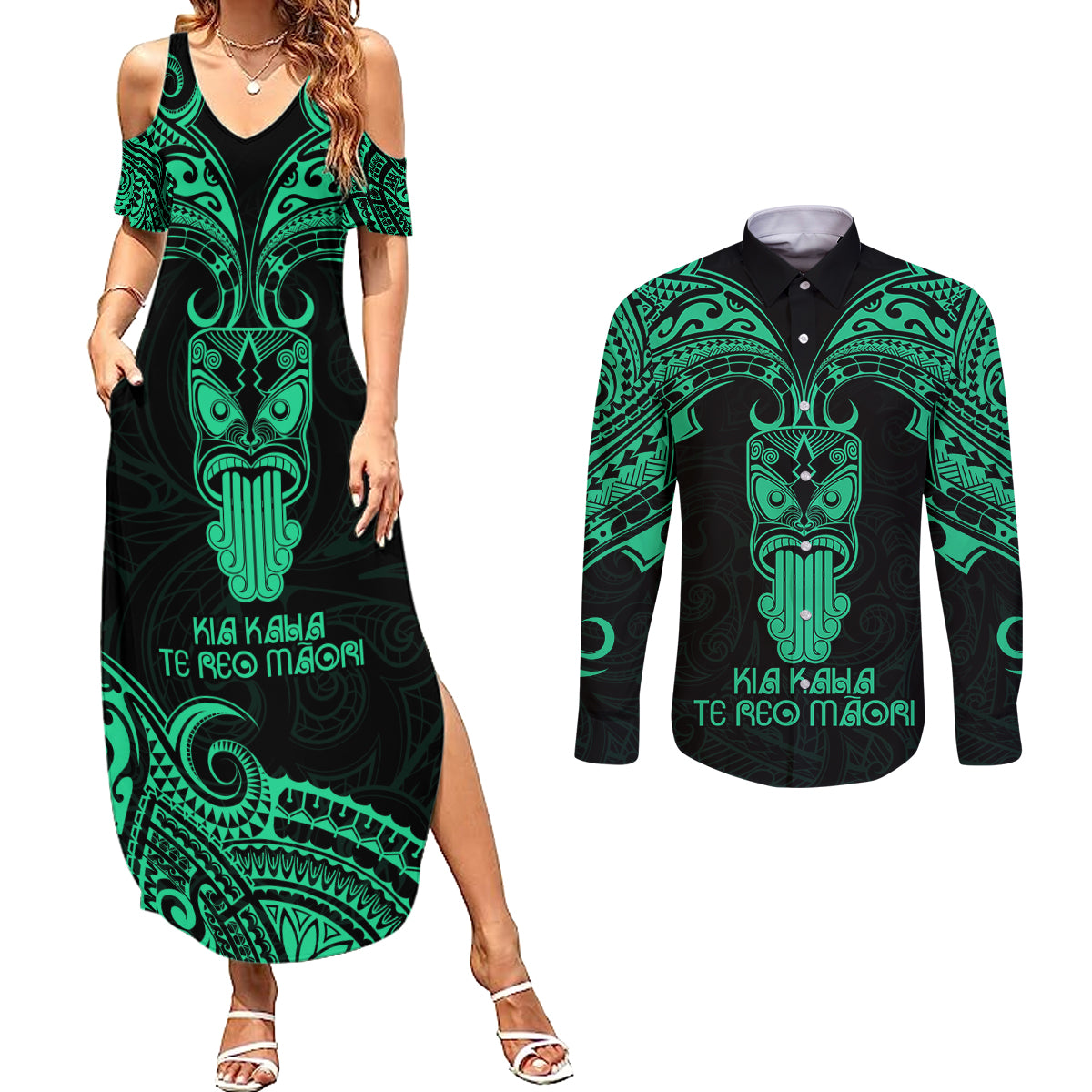 Personalised New Zealand Te Reo Maori Couples Matching Summer Maxi Dress and Long Sleeve Button Shirts Kia Kaha Maori Language Week Green Style LT9 - Wonder Print Shop