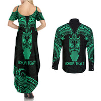 Personalised New Zealand Te Reo Maori Couples Matching Summer Maxi Dress and Long Sleeve Button Shirts Kia Kaha Maori Language Week Green Style LT9 - Wonder Print Shop