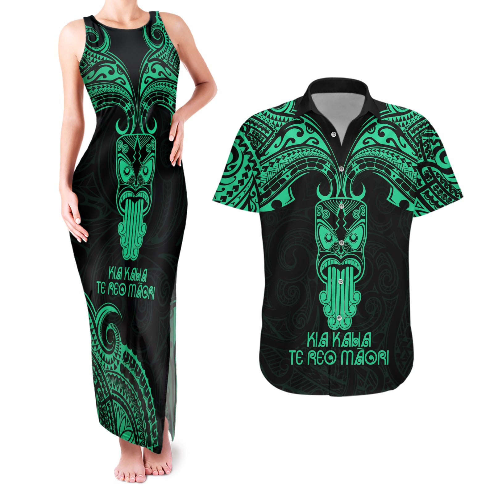 Personalised New Zealand Te Reo Maori Couples Matching Tank Maxi Dress and Hawaiian Shirt Kia Kaha Maori Language Week Green Style LT9 - Wonder Print Shop