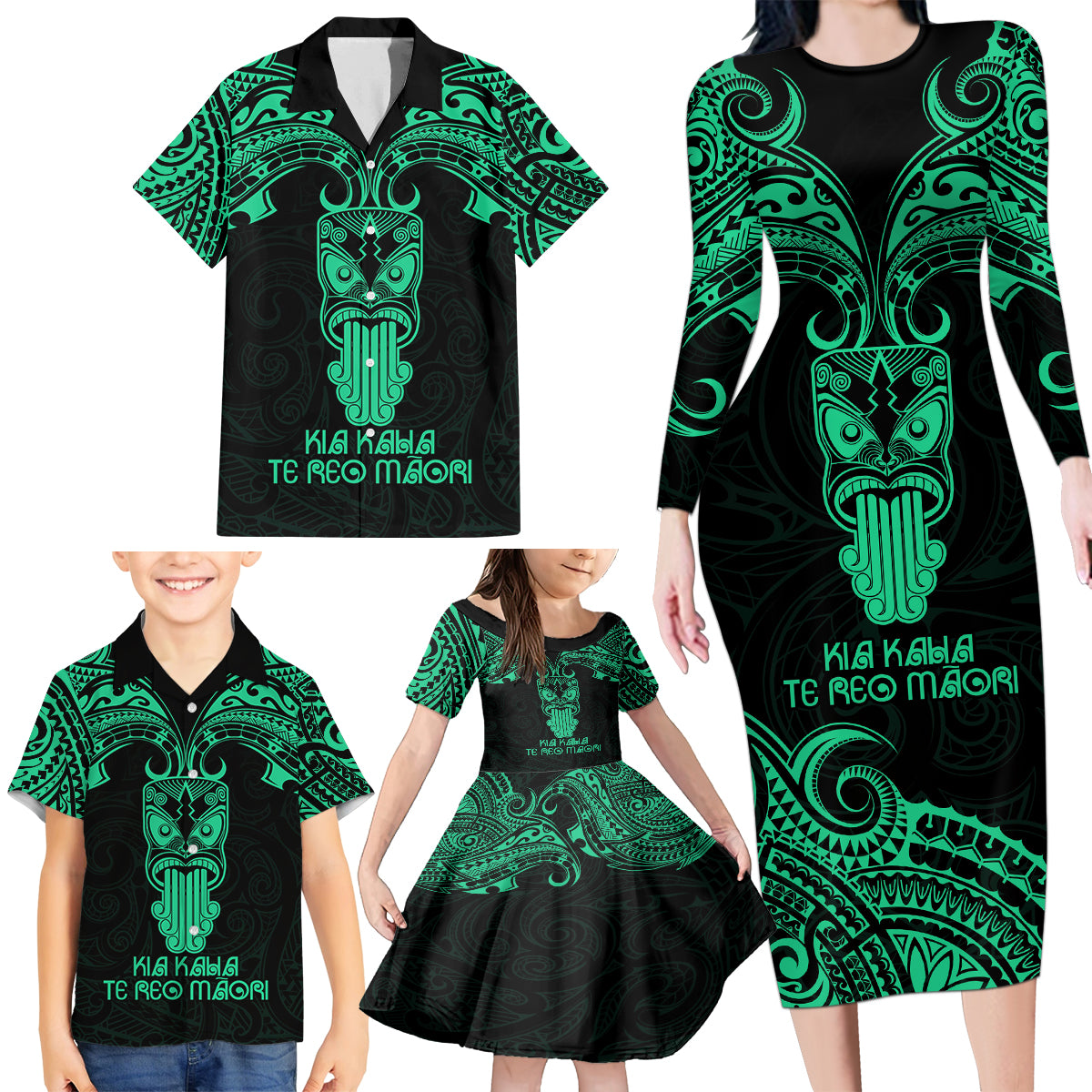 Personalised New Zealand Te Reo Maori Family Matching Long Sleeve Bodycon Dress and Hawaiian Shirt Kia Kaha Maori Language Week Green Style LT9 - Wonder Print Shop