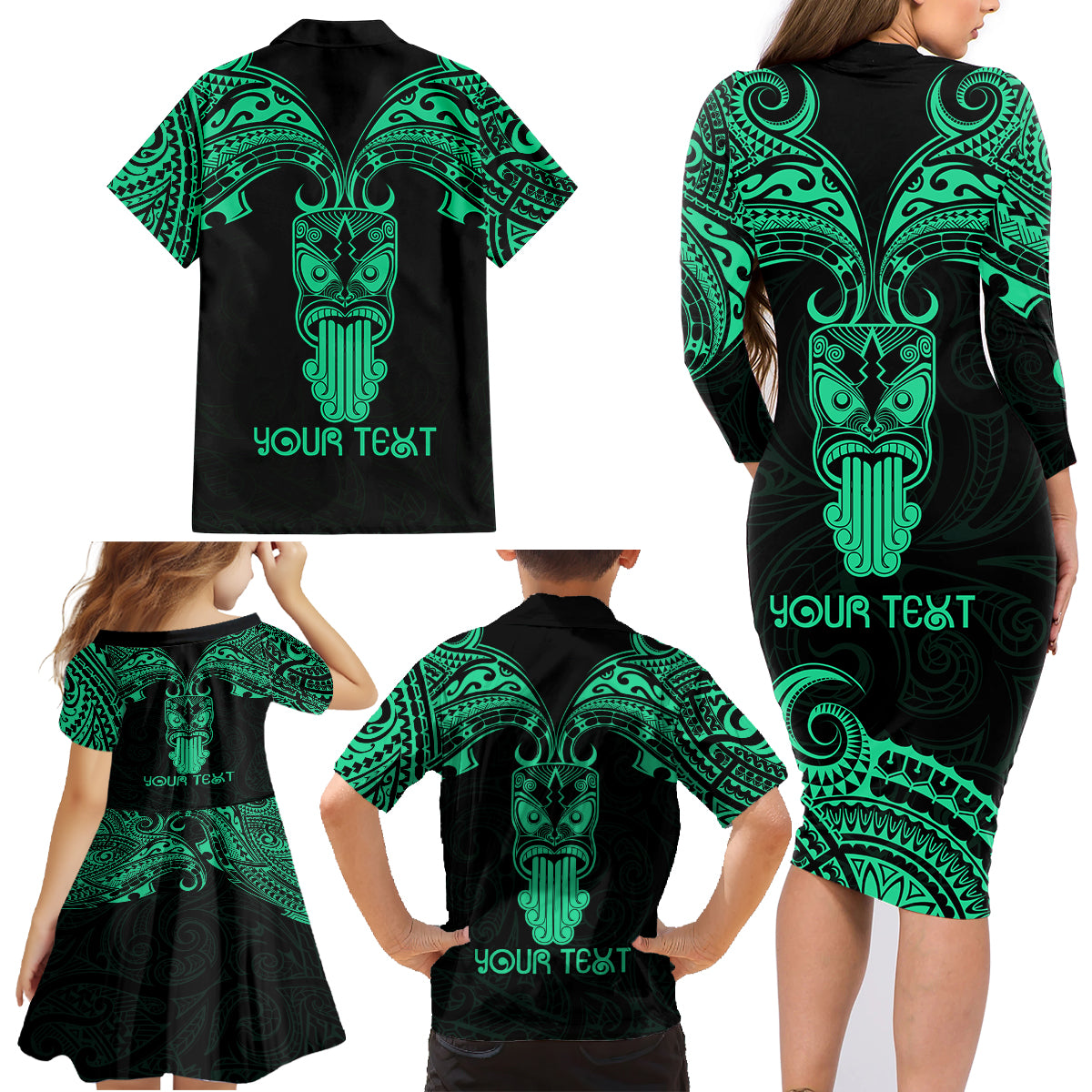Personalised New Zealand Te Reo Maori Family Matching Long Sleeve Bodycon Dress and Hawaiian Shirt Kia Kaha Maori Language Week Green Style LT9 - Wonder Print Shop