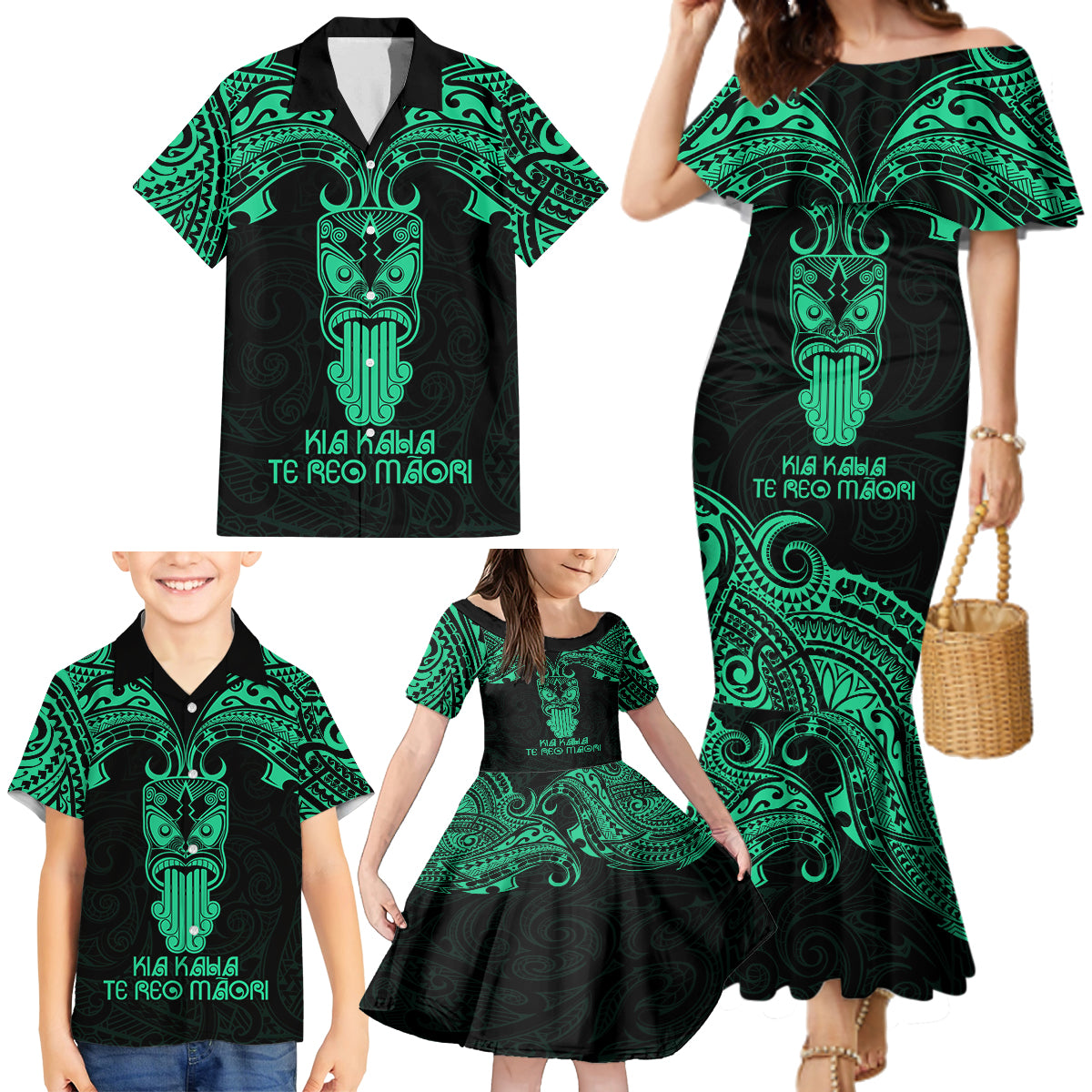 Personalised New Zealand Te Reo Maori Family Matching Mermaid Dress and Hawaiian Shirt Kia Kaha Maori Language Week Green Style LT9 - Wonder Print Shop