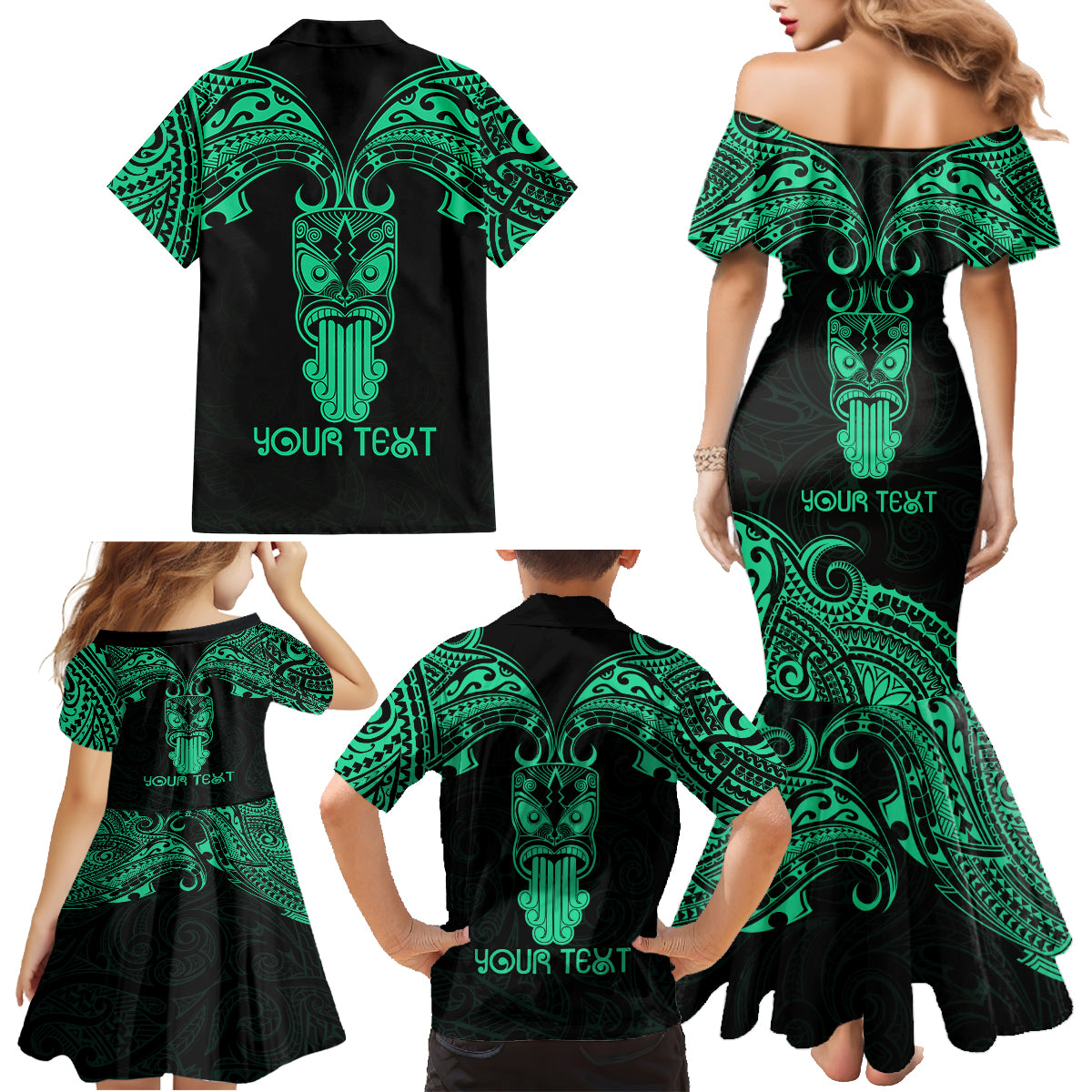 Personalised New Zealand Te Reo Maori Family Matching Mermaid Dress and Hawaiian Shirt Kia Kaha Maori Language Week Green Style LT9 - Wonder Print Shop