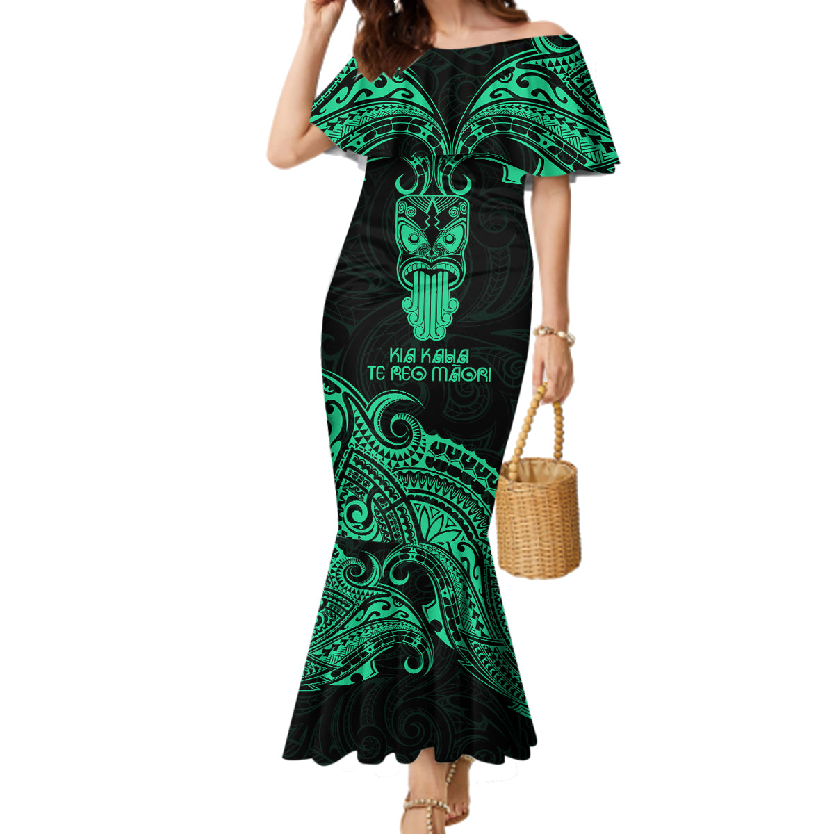 Personalised New Zealand Te Reo Maori Family Matching Mermaid Dress and Hawaiian Shirt Kia Kaha Maori Language Week Green Style LT9 - Wonder Print Shop