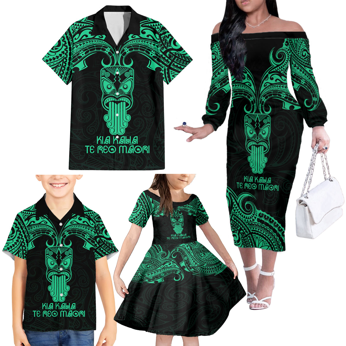 Personalised New Zealand Te Reo Maori Family Matching Off Shoulder Long Sleeve Dress and Hawaiian Shirt Kia Kaha Maori Language Week Green Style - Wonder Print Shop