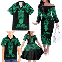 Personalised New Zealand Te Reo Maori Family Matching Off Shoulder Long Sleeve Dress and Hawaiian Shirt Kia Kaha Maori Language Week Green Style - Wonder Print Shop