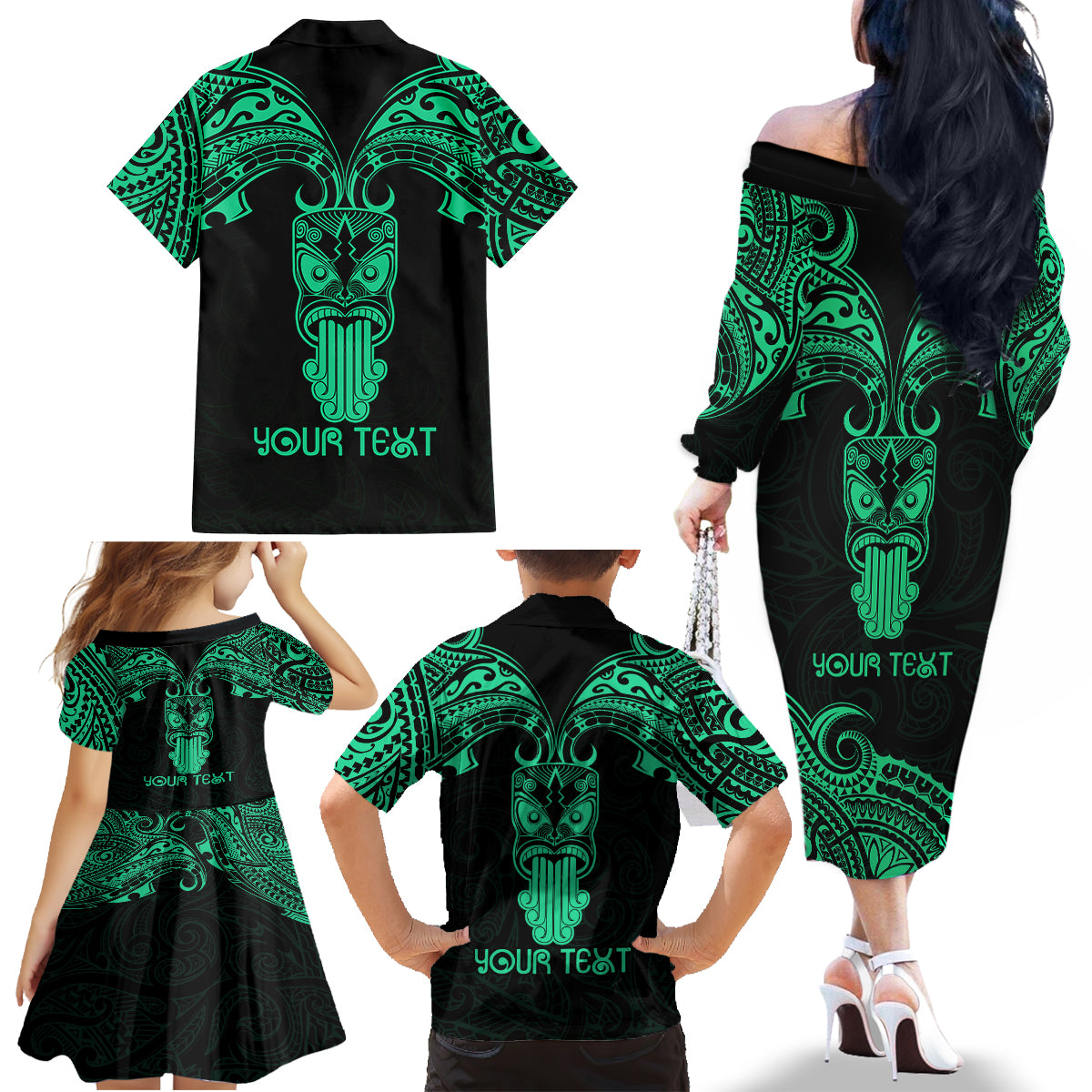 Personalised New Zealand Te Reo Maori Family Matching Off Shoulder Long Sleeve Dress and Hawaiian Shirt Kia Kaha Maori Language Week Green Style - Wonder Print Shop