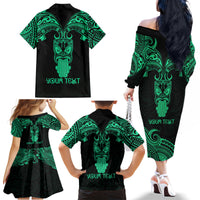 Personalised New Zealand Te Reo Maori Family Matching Off Shoulder Long Sleeve Dress and Hawaiian Shirt Kia Kaha Maori Language Week Green Style - Wonder Print Shop