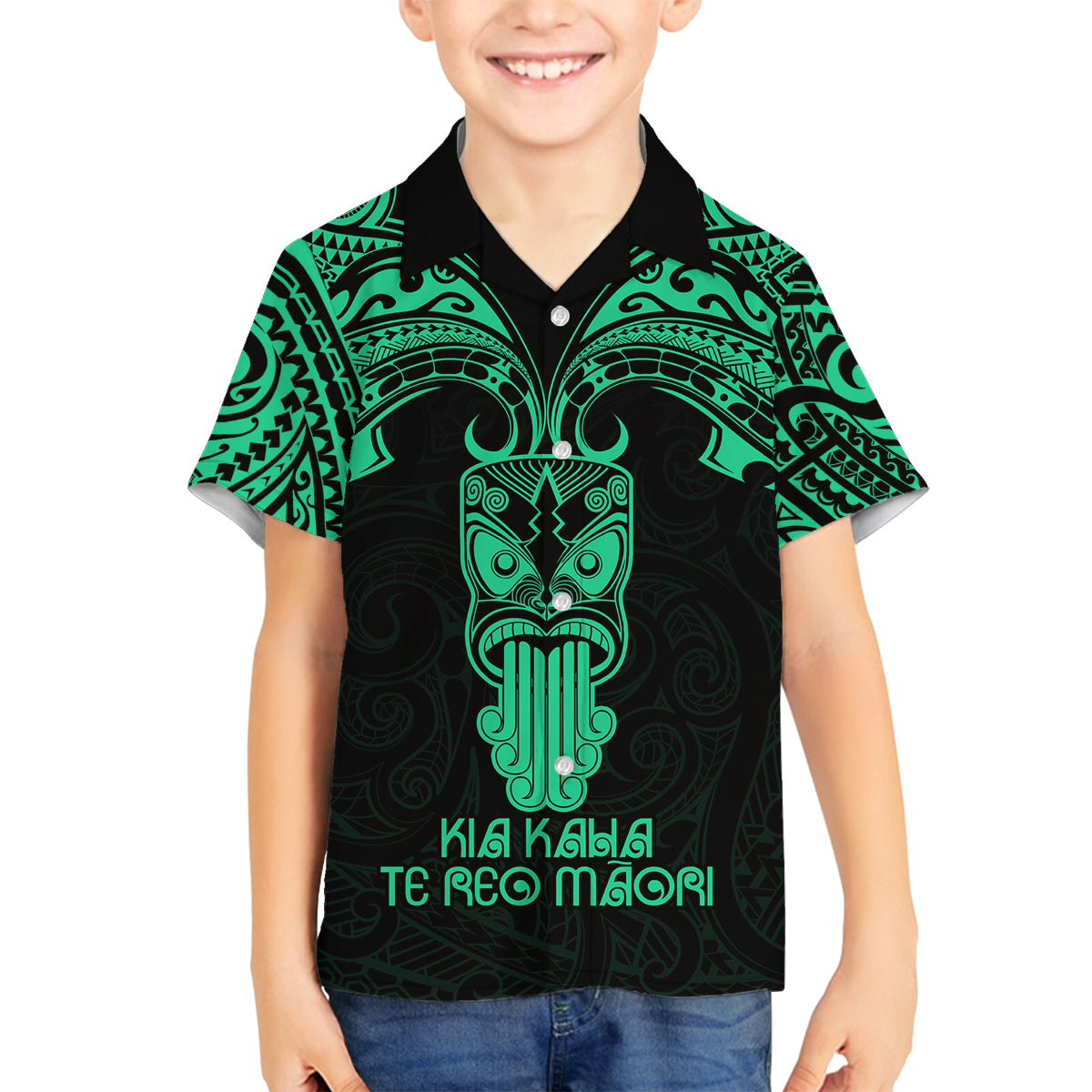 Personalised New Zealand Te Reo Maori Family Matching Off Shoulder Long Sleeve Dress and Hawaiian Shirt Kia Kaha Maori Language Week Green Style - Wonder Print Shop