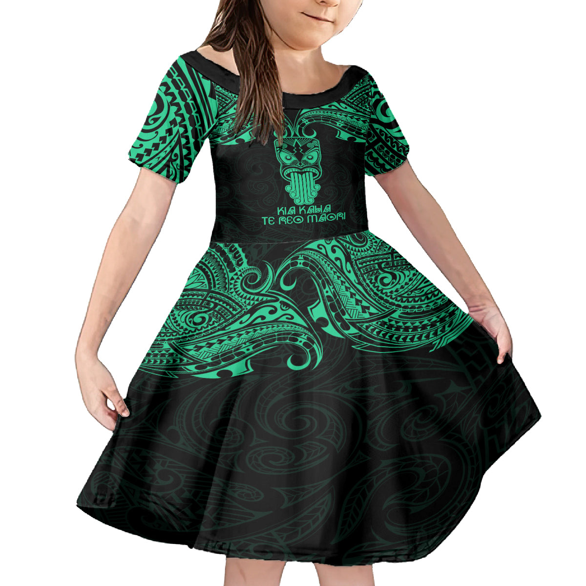 Personalised New Zealand Te Reo Maori Family Matching Off Shoulder Maxi Dress and Hawaiian Shirt Kia Kaha Maori Language Week Green Style LT9 - Wonder Print Shop