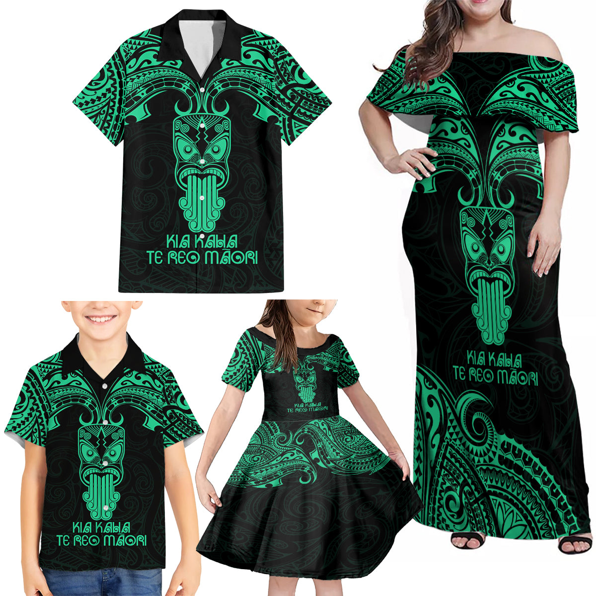 Personalised New Zealand Te Reo Maori Family Matching Off Shoulder Maxi Dress and Hawaiian Shirt Kia Kaha Maori Language Week Green Style LT9 - Wonder Print Shop