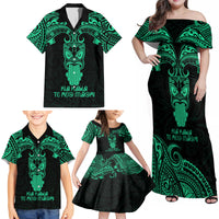 Personalised New Zealand Te Reo Maori Family Matching Off Shoulder Maxi Dress and Hawaiian Shirt Kia Kaha Maori Language Week Green Style LT9 - Wonder Print Shop