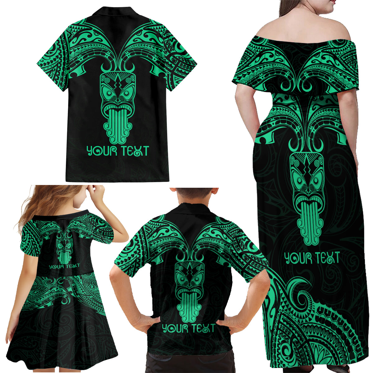 Personalised New Zealand Te Reo Maori Family Matching Off Shoulder Maxi Dress and Hawaiian Shirt Kia Kaha Maori Language Week Green Style LT9 - Wonder Print Shop