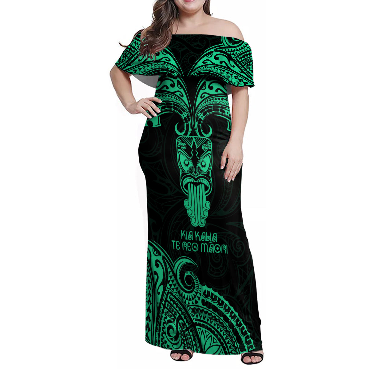 Personalised New Zealand Te Reo Maori Family Matching Off Shoulder Maxi Dress and Hawaiian Shirt Kia Kaha Maori Language Week Green Style LT9 - Wonder Print Shop