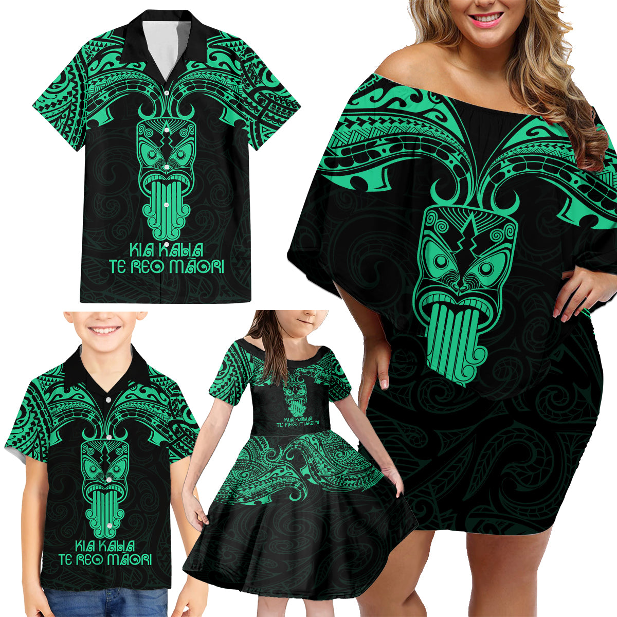 Personalised New Zealand Te Reo Maori Family Matching Off Shoulder Short Dress and Hawaiian Shirt Kia Kaha Maori Language Week Green Style LT9 - Wonder Print Shop