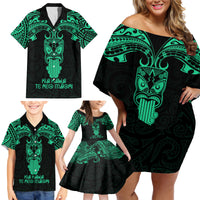 Personalised New Zealand Te Reo Maori Family Matching Off Shoulder Short Dress and Hawaiian Shirt Kia Kaha Maori Language Week Green Style LT9 - Wonder Print Shop