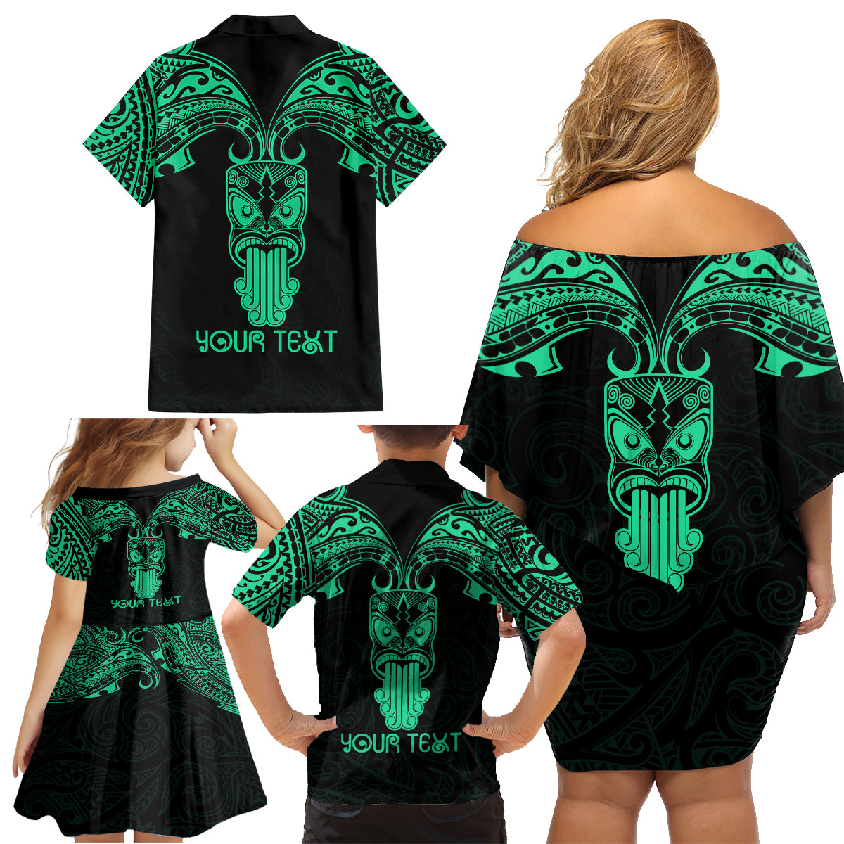 Personalised New Zealand Te Reo Maori Family Matching Off Shoulder Short Dress and Hawaiian Shirt Kia Kaha Maori Language Week Green Style LT9 - Wonder Print Shop