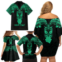 Personalised New Zealand Te Reo Maori Family Matching Off Shoulder Short Dress and Hawaiian Shirt Kia Kaha Maori Language Week Green Style LT9 - Wonder Print Shop