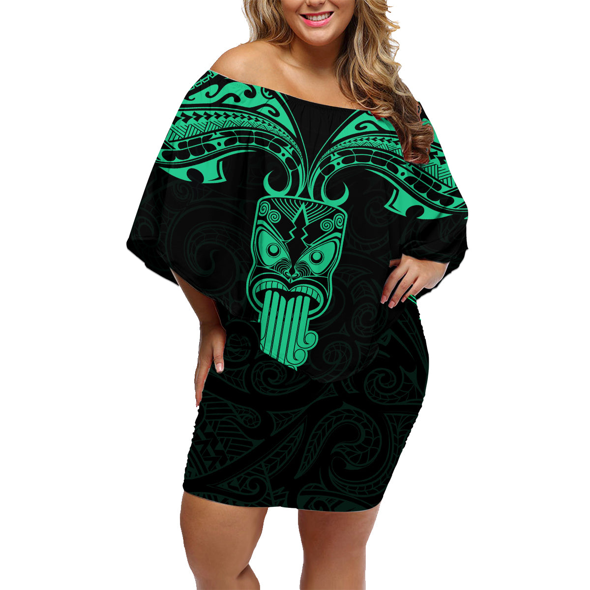 Personalised New Zealand Te Reo Maori Family Matching Off Shoulder Short Dress and Hawaiian Shirt Kia Kaha Maori Language Week Green Style LT9 - Wonder Print Shop