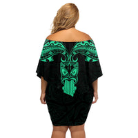 Personalised New Zealand Te Reo Maori Family Matching Off Shoulder Short Dress and Hawaiian Shirt Kia Kaha Maori Language Week Green Style LT9 - Wonder Print Shop