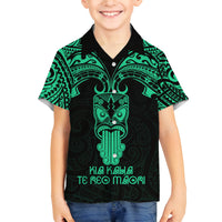Personalised New Zealand Te Reo Maori Family Matching Off Shoulder Short Dress and Hawaiian Shirt Kia Kaha Maori Language Week Green Style LT9 - Wonder Print Shop