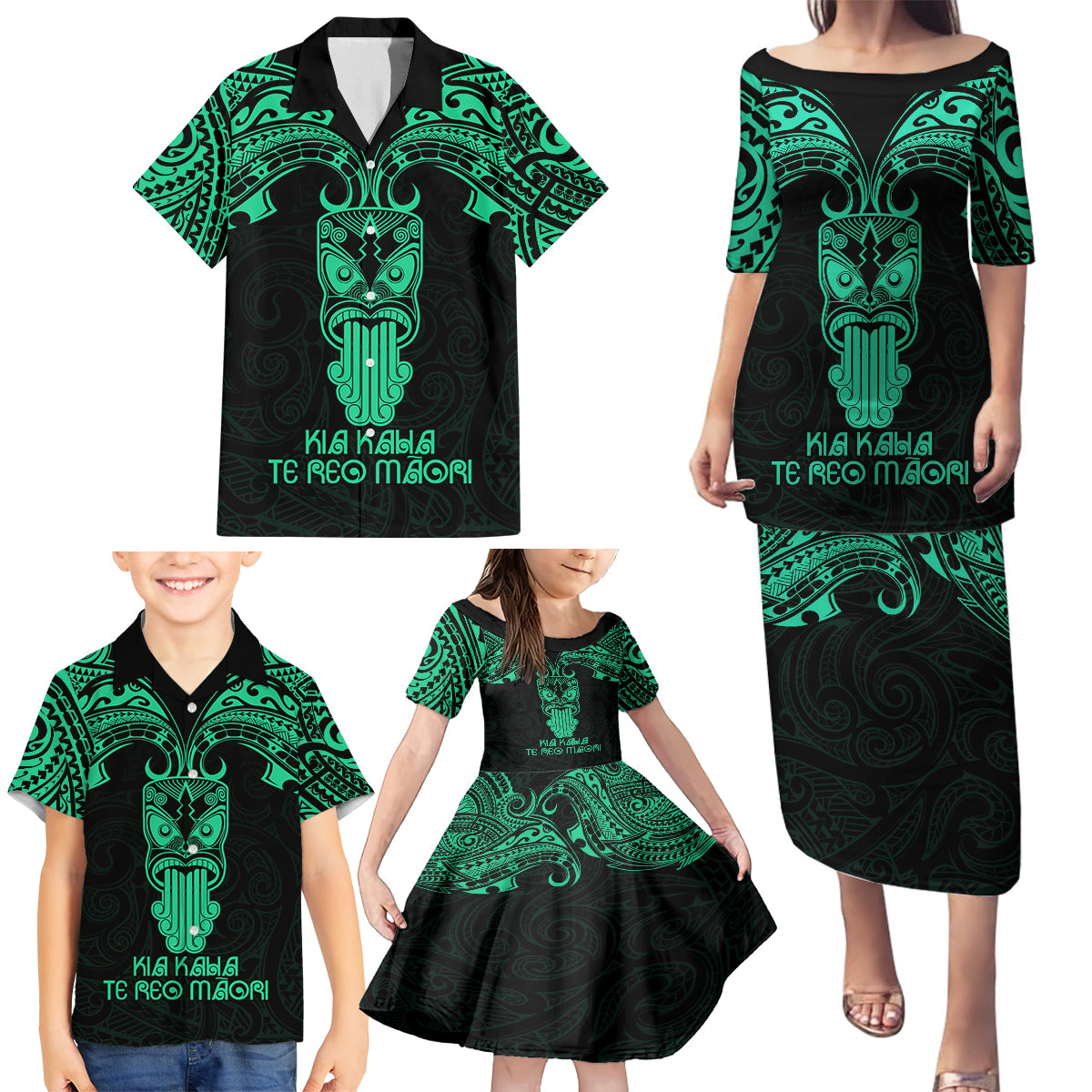 Personalised New Zealand Te Reo Maori Family Matching Puletasi Dress and Hawaiian Shirt Kia Kaha Maori Language Week Green Style - Wonder Print Shop