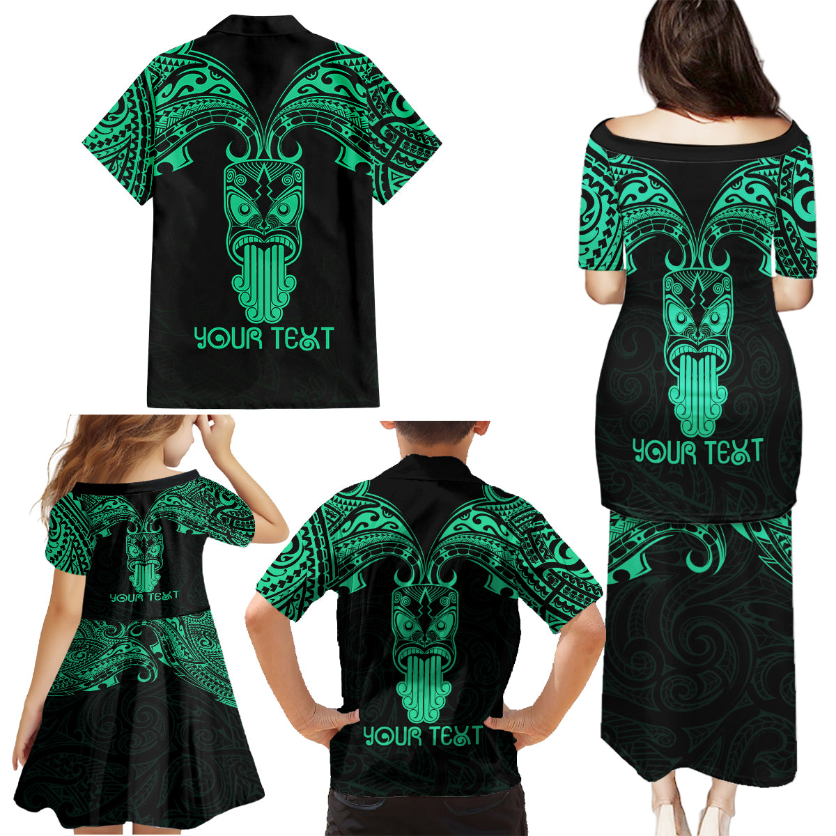 Personalised New Zealand Te Reo Maori Family Matching Puletasi Dress and Hawaiian Shirt Kia Kaha Maori Language Week Green Style - Wonder Print Shop