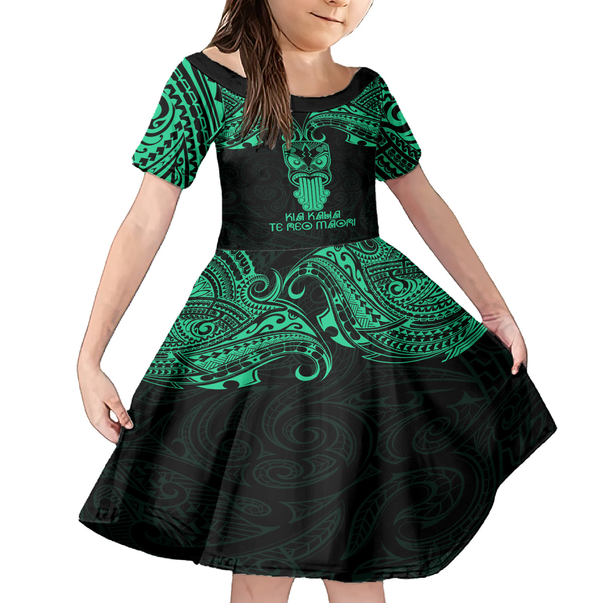 Personalised New Zealand Te Reo Maori Family Matching Short Sleeve Bodycon Dress and Hawaiian Shirt Kia Kaha Maori Language Week Green Style - Wonder Print Shop