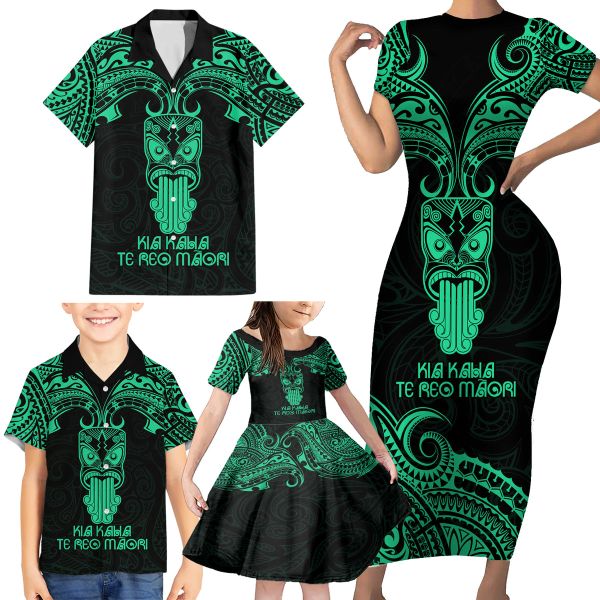 Personalised New Zealand Te Reo Maori Family Matching Short Sleeve Bodycon Dress and Hawaiian Shirt Kia Kaha Maori Language Week Green Style - Wonder Print Shop