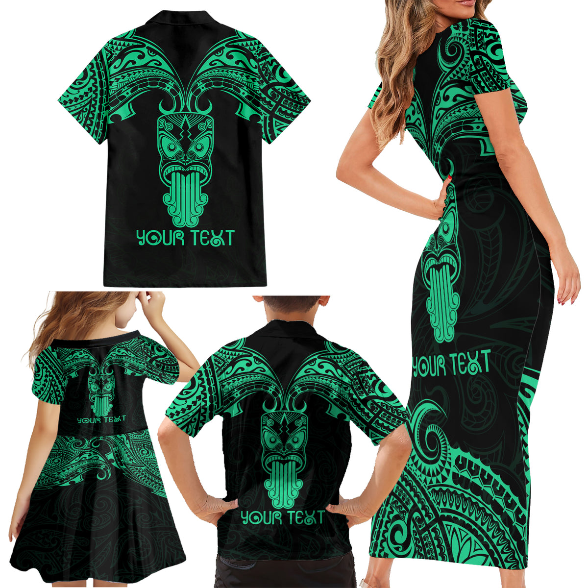 Personalised New Zealand Te Reo Maori Family Matching Short Sleeve Bodycon Dress and Hawaiian Shirt Kia Kaha Maori Language Week Green Style - Wonder Print Shop