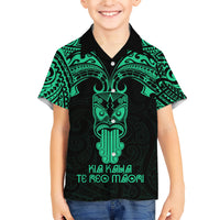 Personalised New Zealand Te Reo Maori Family Matching Short Sleeve Bodycon Dress and Hawaiian Shirt Kia Kaha Maori Language Week Green Style - Wonder Print Shop