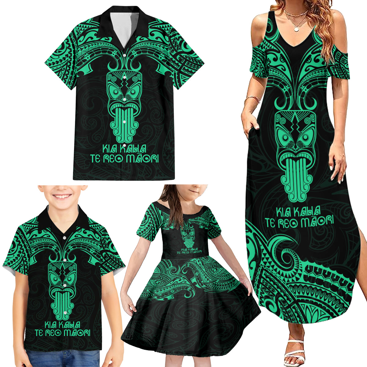 Personalised New Zealand Te Reo Maori Family Matching Summer Maxi Dress and Hawaiian Shirt Kia Kaha Maori Language Week Green Style - Wonder Print Shop