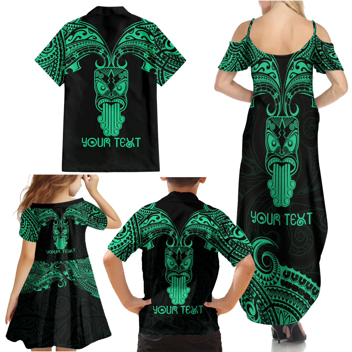 Personalised New Zealand Te Reo Maori Family Matching Summer Maxi Dress and Hawaiian Shirt Kia Kaha Maori Language Week Green Style - Wonder Print Shop