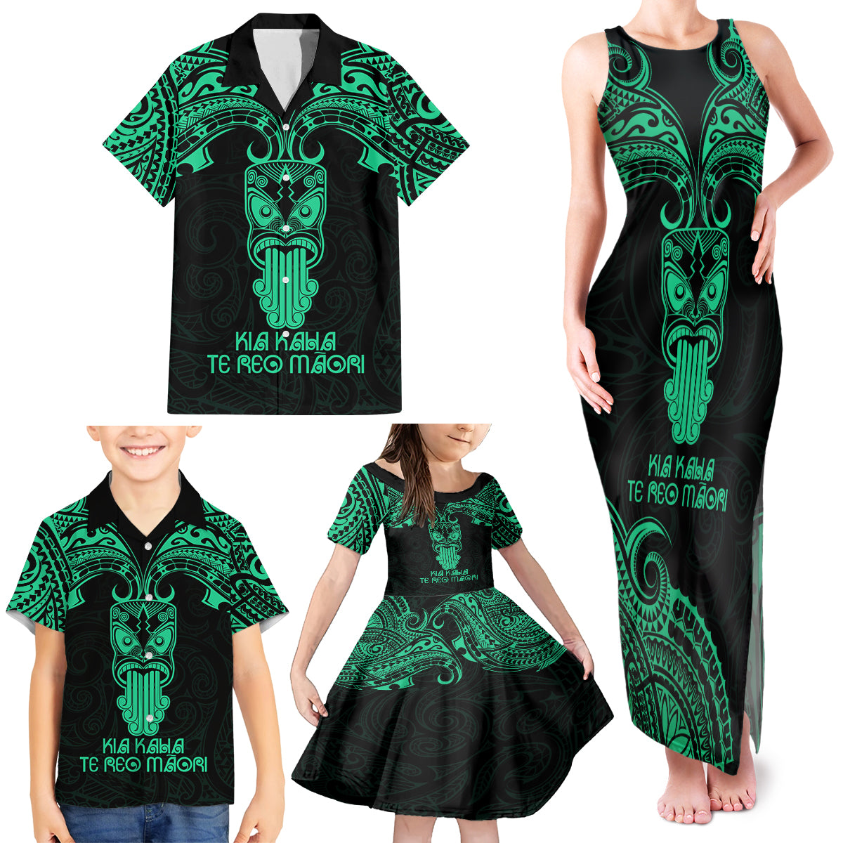 Personalised New Zealand Te Reo Maori Family Matching Tank Maxi Dress and Hawaiian Shirt Kia Kaha Maori Language Week Green Style - Wonder Print Shop