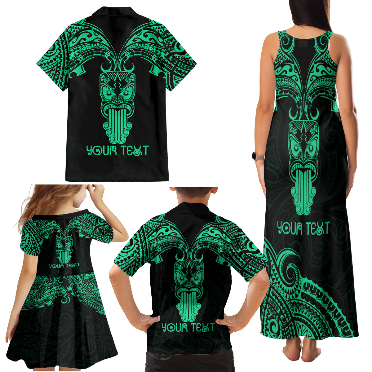 Personalised New Zealand Te Reo Maori Family Matching Tank Maxi Dress and Hawaiian Shirt Kia Kaha Maori Language Week Green Style - Wonder Print Shop
