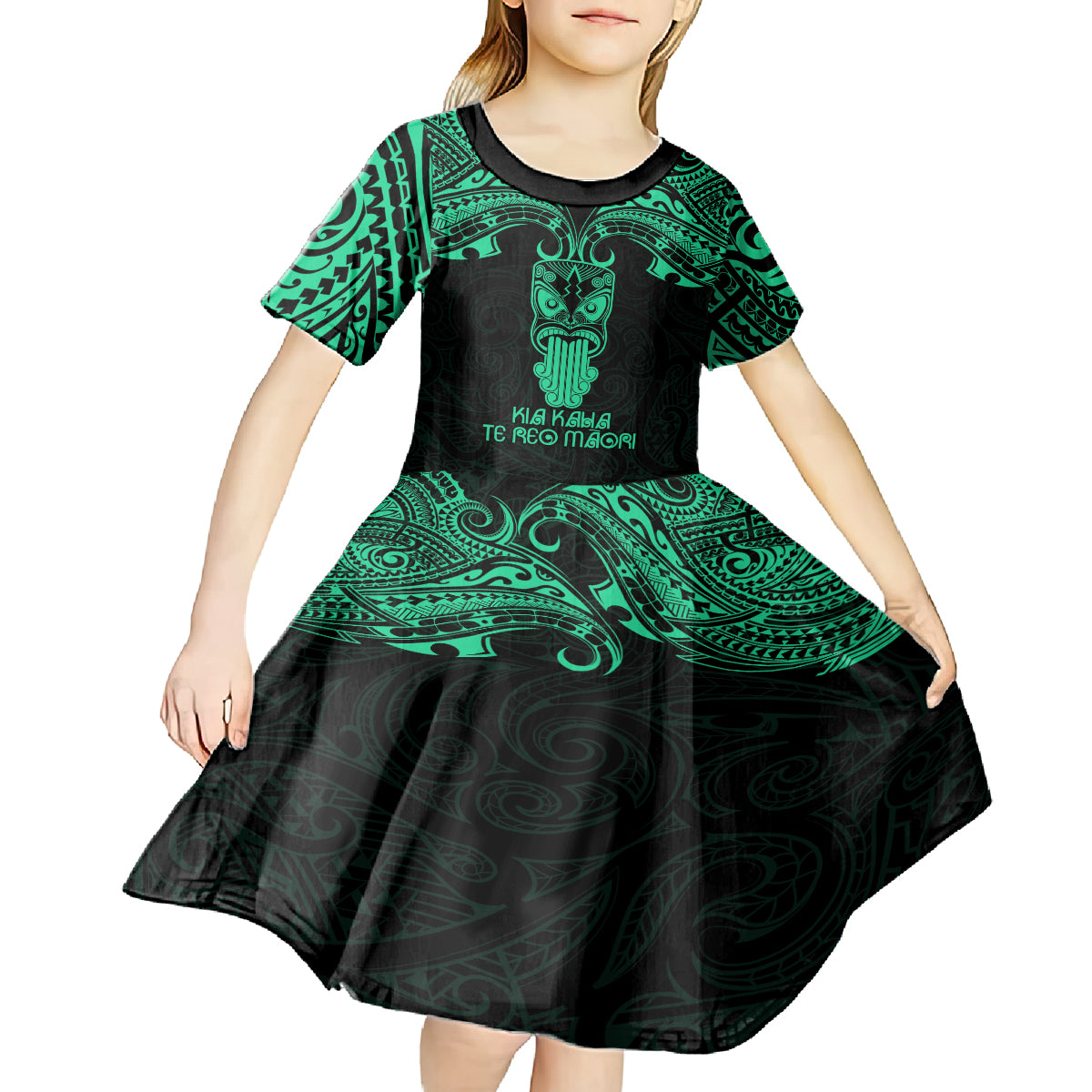 Personalised New Zealand Te Reo Maori Kid Short Sleeve Dress Kia Kaha Maori Language Week Green Style - Wonder Print Shop