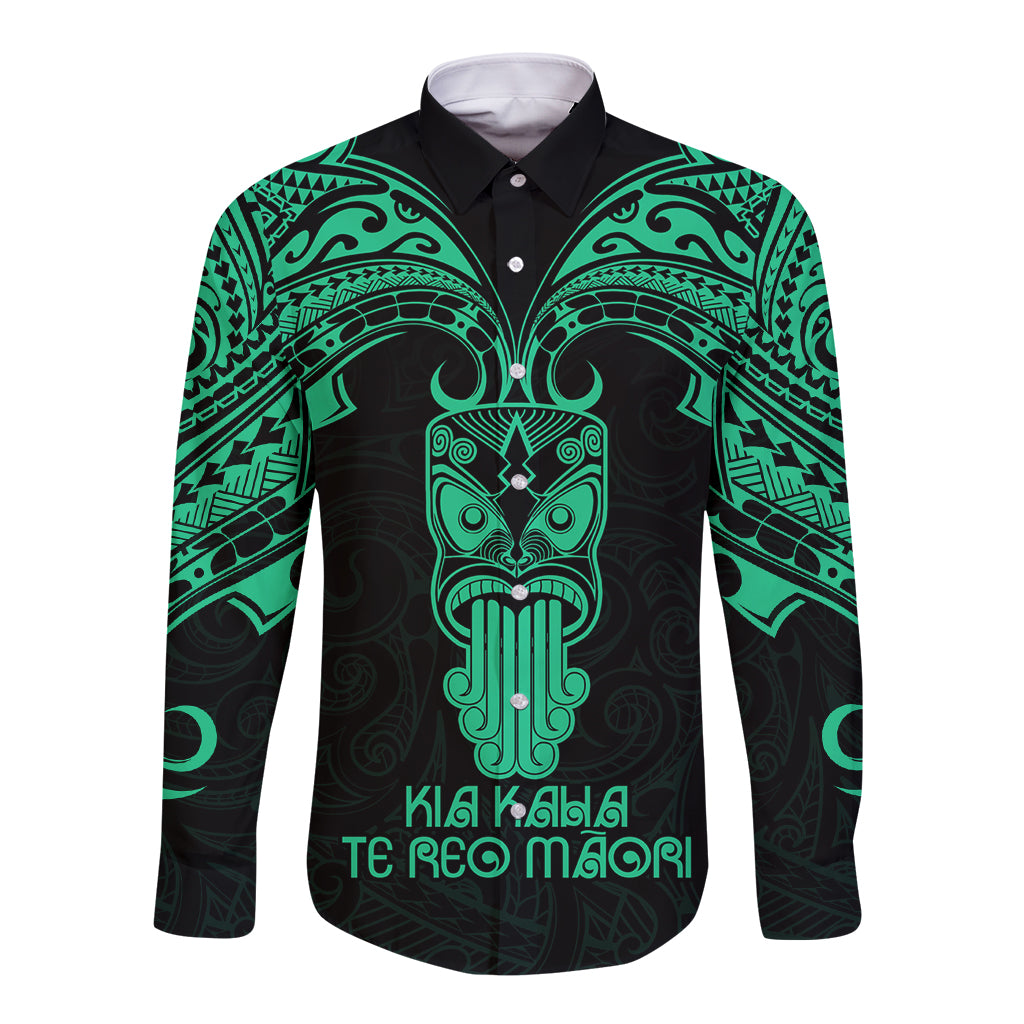 Personalised New Zealand Te Reo Maori Long Sleeve Button Shirt Kia Kaha Maori Language Week Green Style - Wonder Print Shop