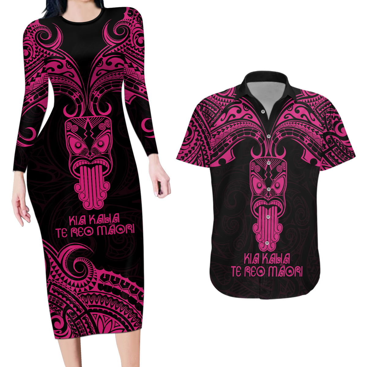 Personalised New Zealand Te Reo Maori Couples Matching Long Sleeve Bodycon Dress and Hawaiian Shirt Kia Kaha Maori Language Week Pink Style LT9 - Wonder Print Shop